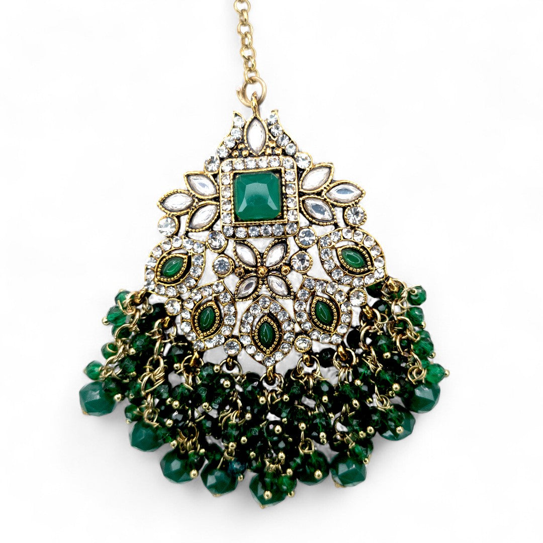 Polki Choker Halskette | mit Ohrringe & Tikka | gold ,grün