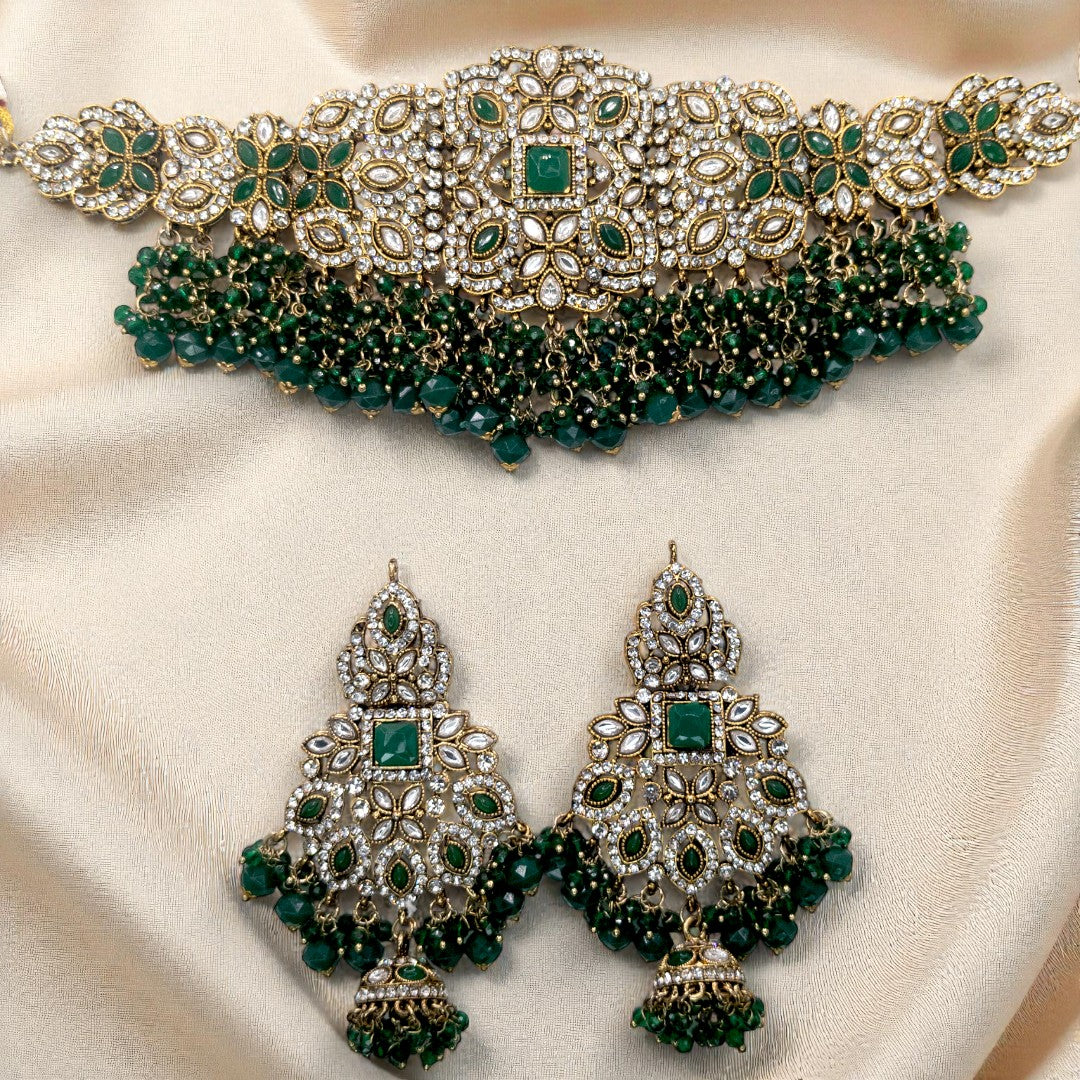 Polki Choker Halskette | mit Ohrringe & Tikka | gold ,grün