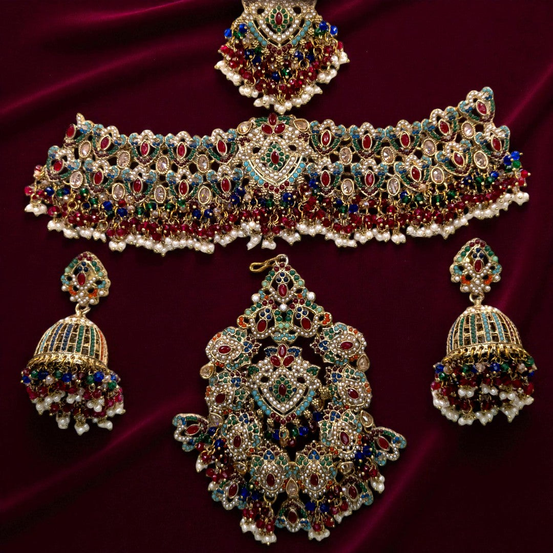 Polki Choker Halskette mit Ohrringe, Passa & Tikka - Multi Color