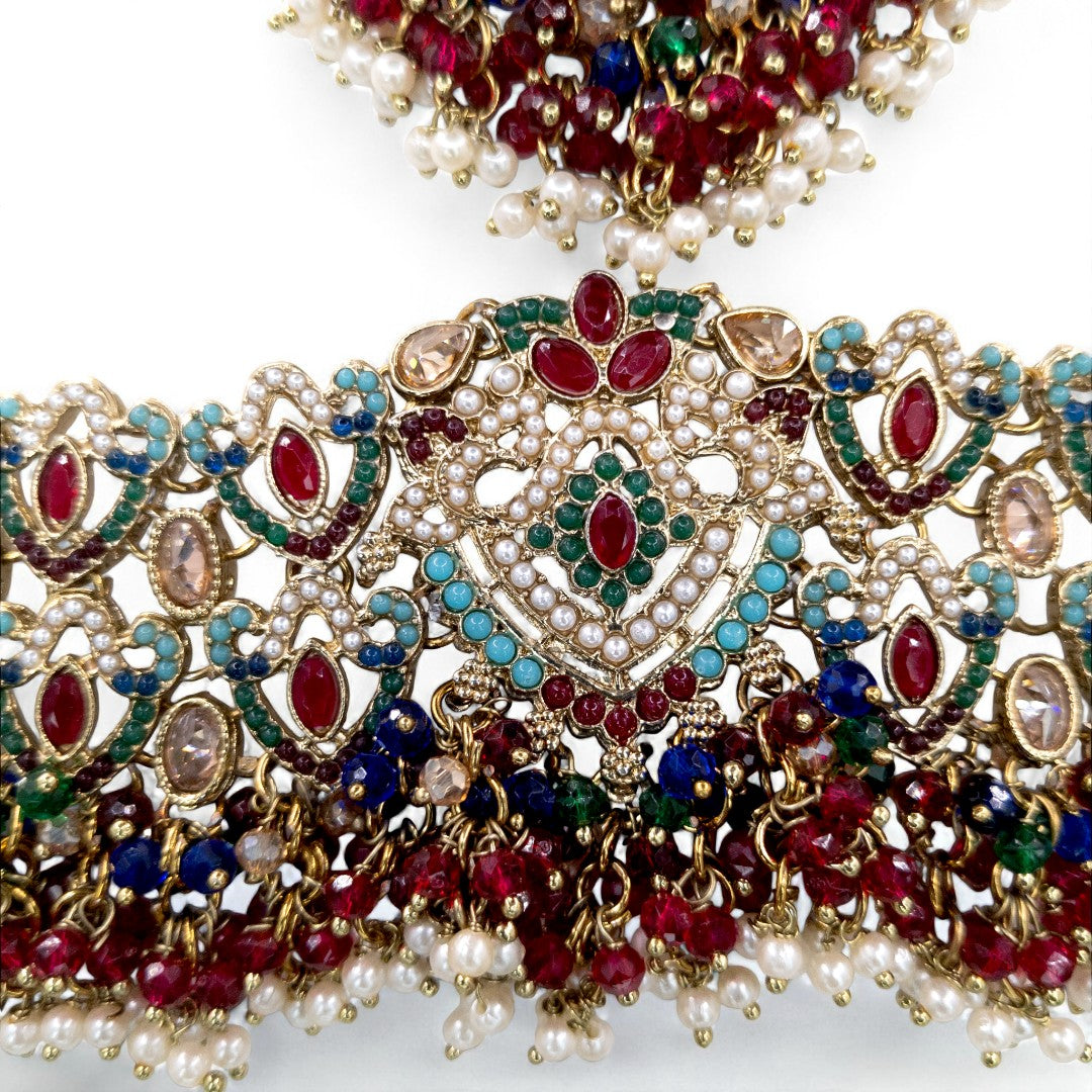 Polki Choker Halskette mit Ohrringe, Passa & Tikka - Multi Color