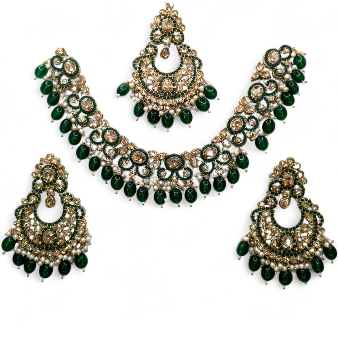 Polki Halskette mit Ohrringe & Tikka - gold | grün