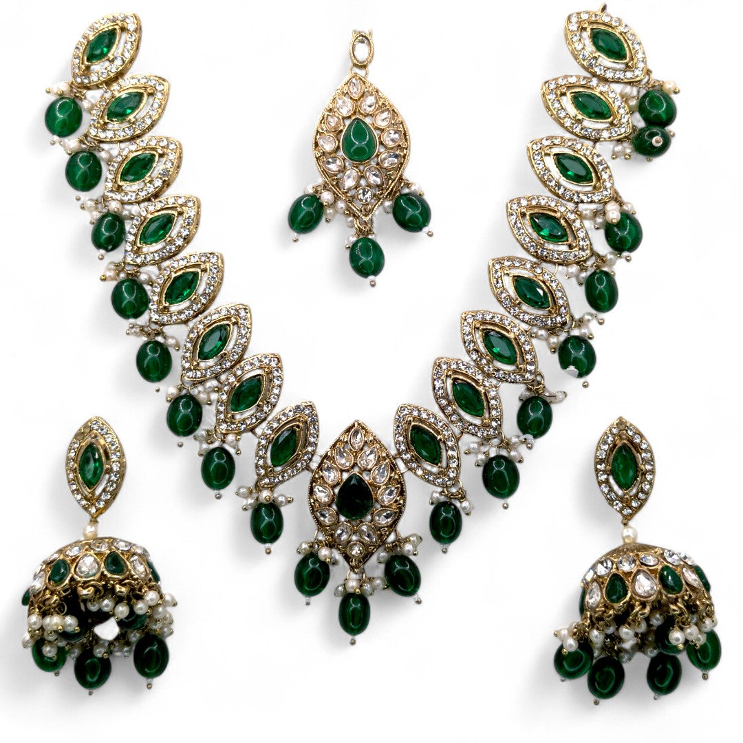 Polki Halskette mit Ohrringe & Tikka - gold | grün