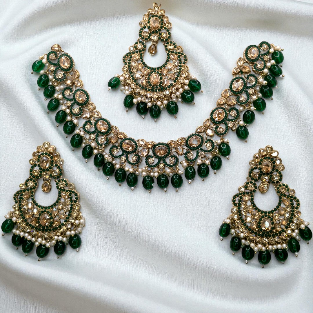 Polki Halskette mit Ohrringe & Tikka - gold | grün