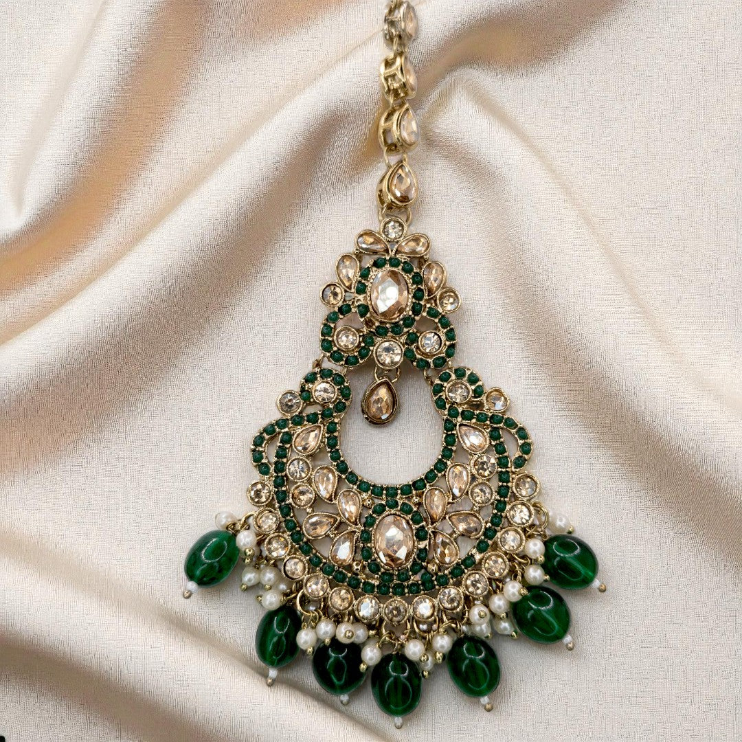 Polki Halskette mit Ohrringe & Tikka - gold | grün