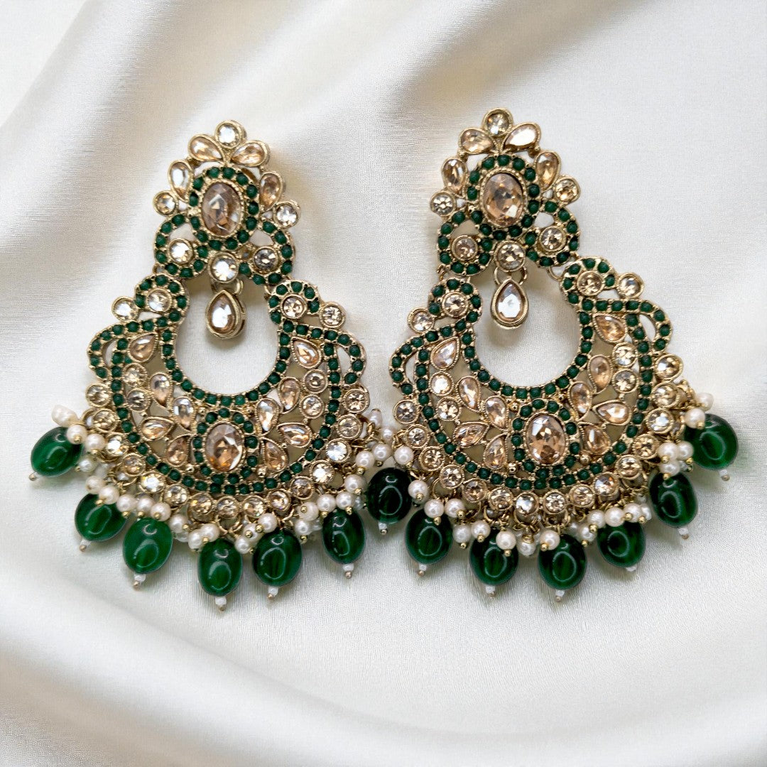 Polki Halskette mit Ohrringe & Tikka - gold | grün