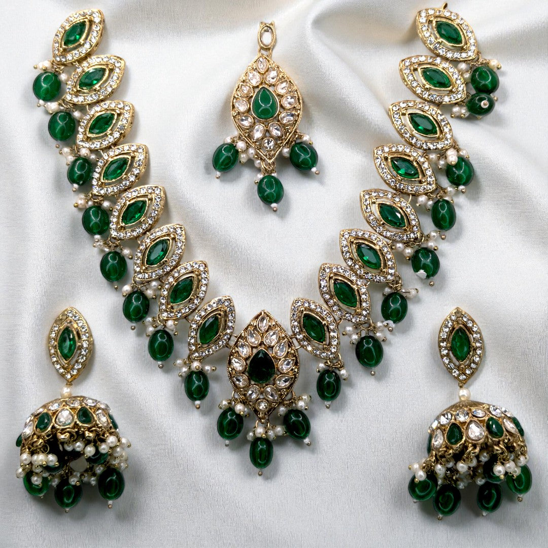 Polki Halskette mit Ohrringe & Tikka - gold | grün