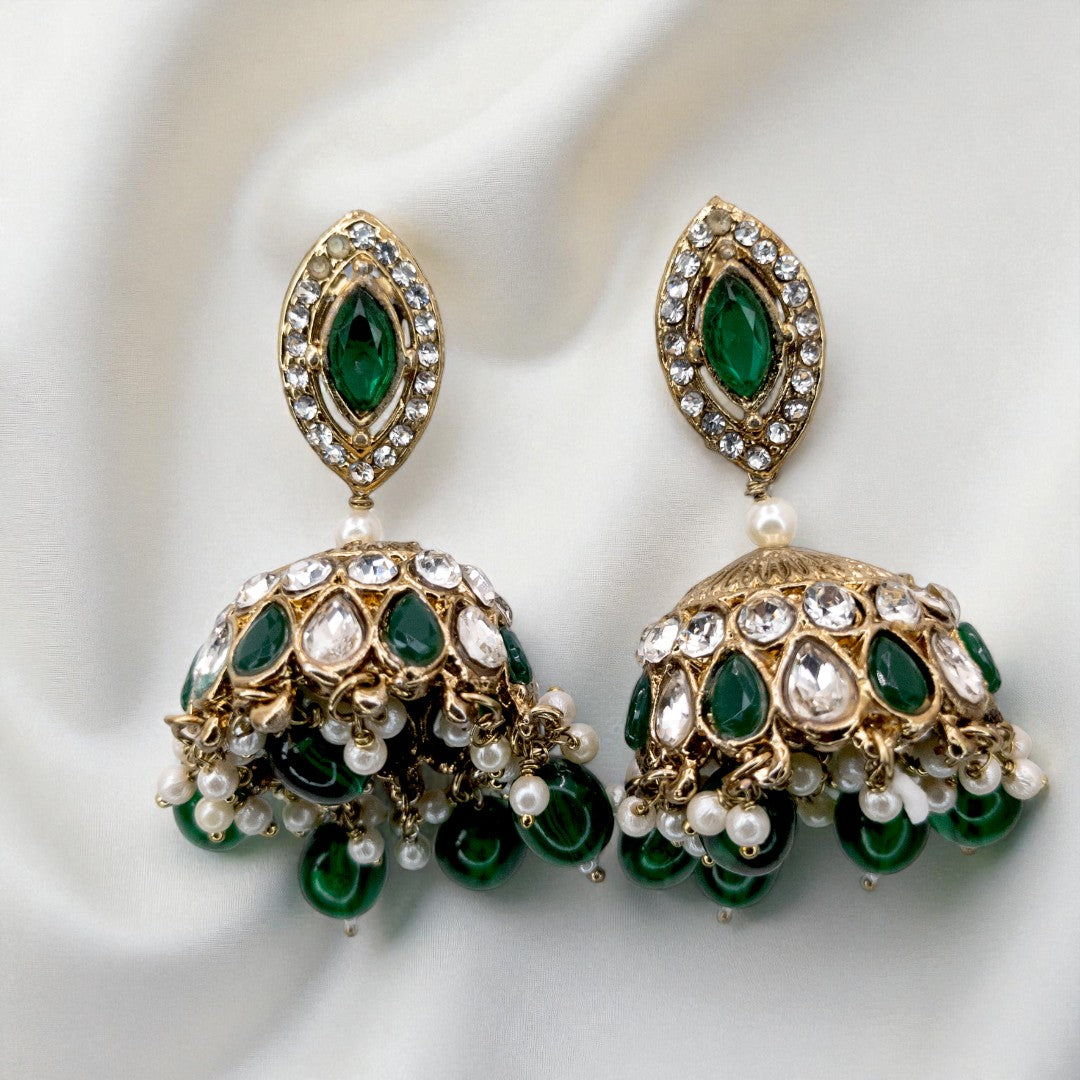 Polki Halskette mit Ohrringe & Tikka - gold | grün