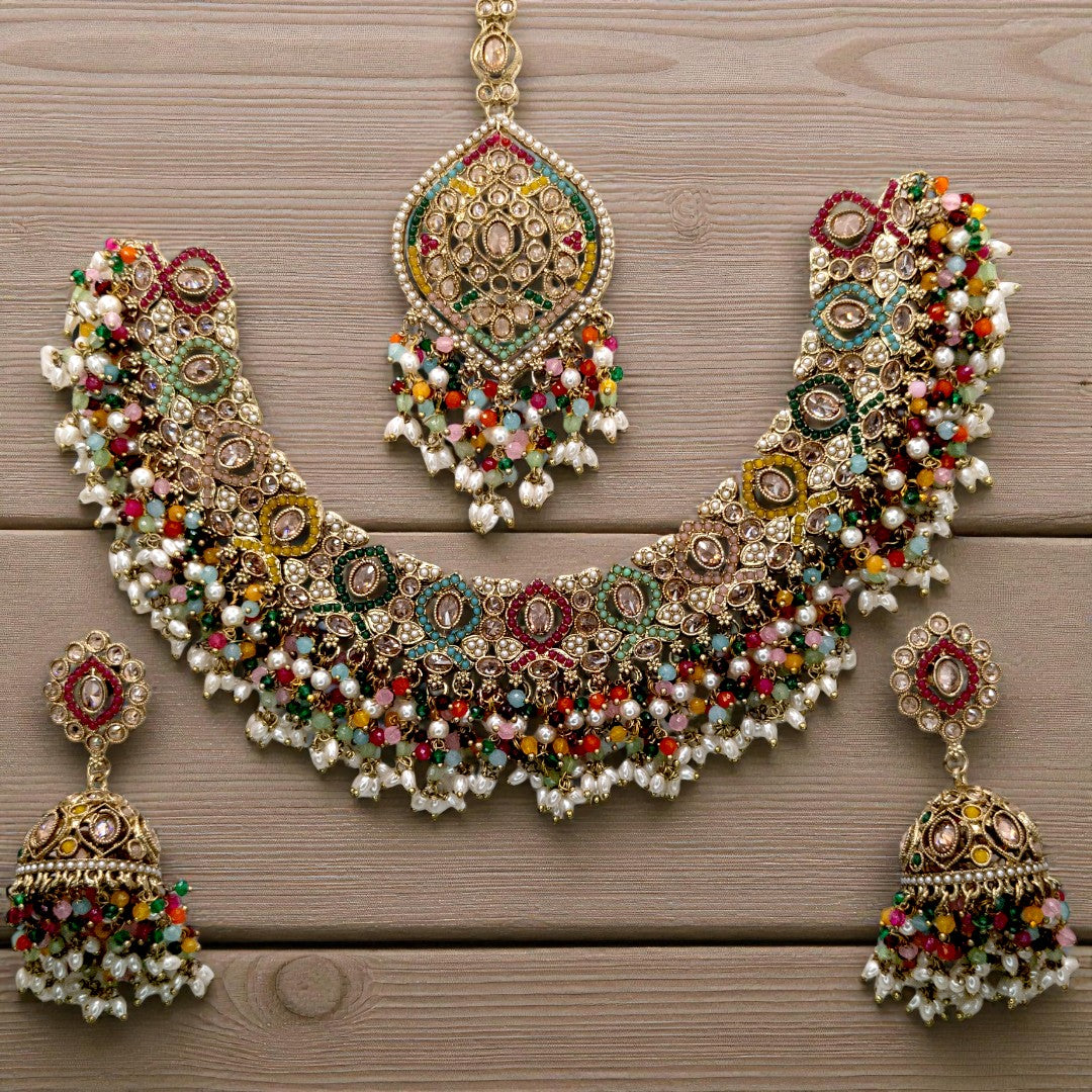 Polki Halskette mit Ohrringe & Tikka - Multi color