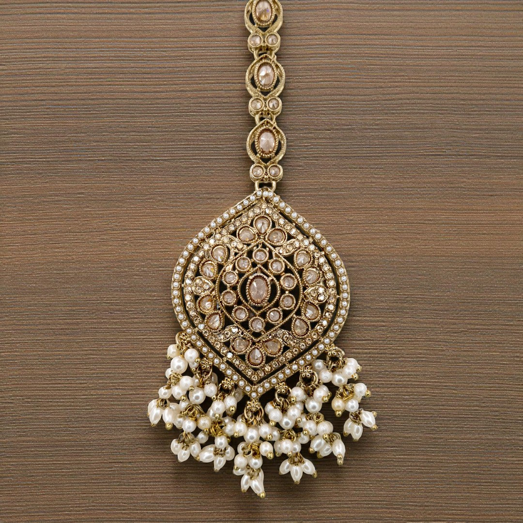 Polki Halskette mit Ohrringe & Tikka - gold