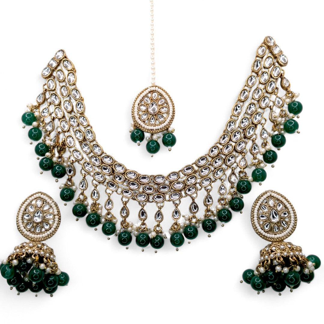 Kundan Choker Halskette mit Ohrringe & Tikka - gold | grün