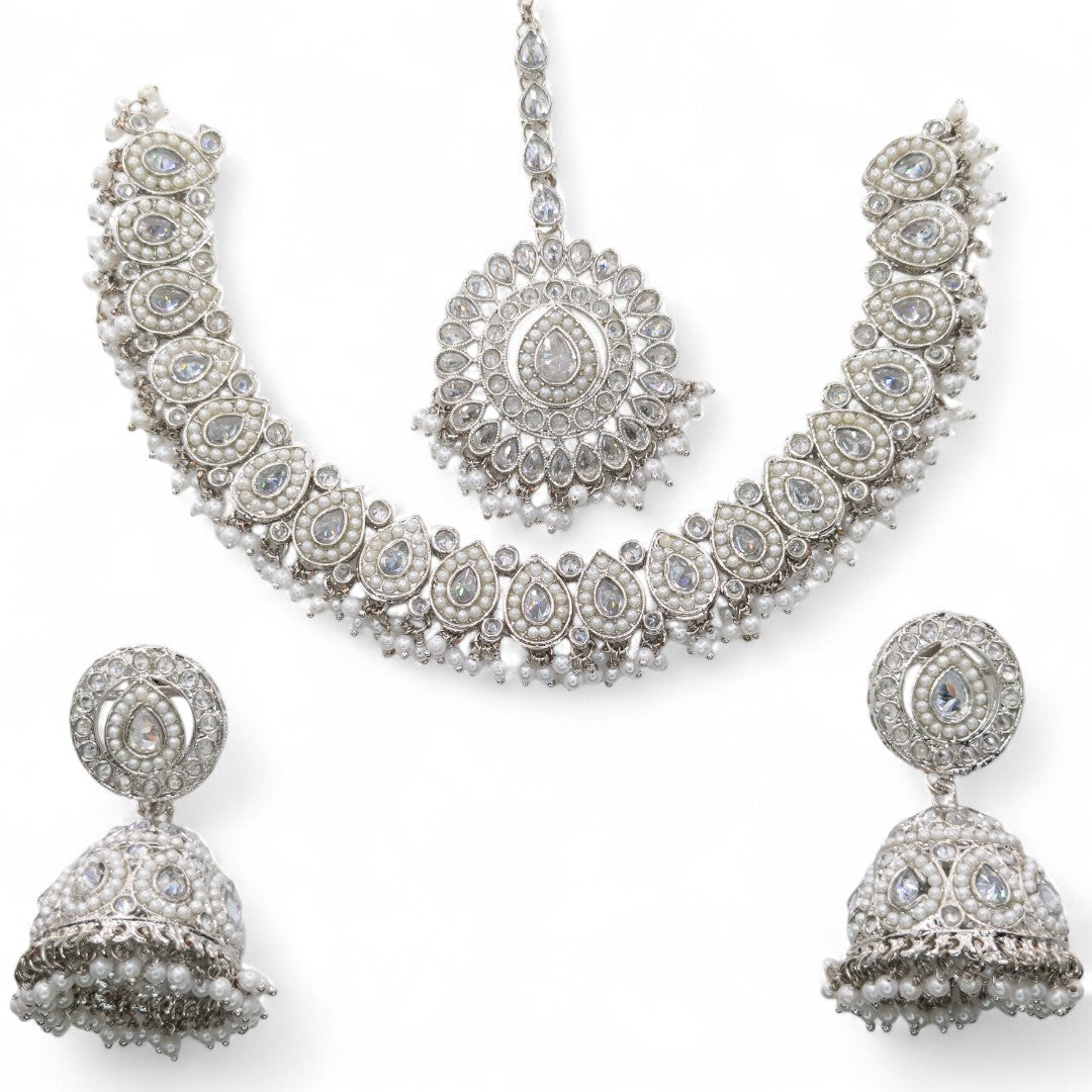 Polki Halskette mit Ohrringe & Tikka - silber