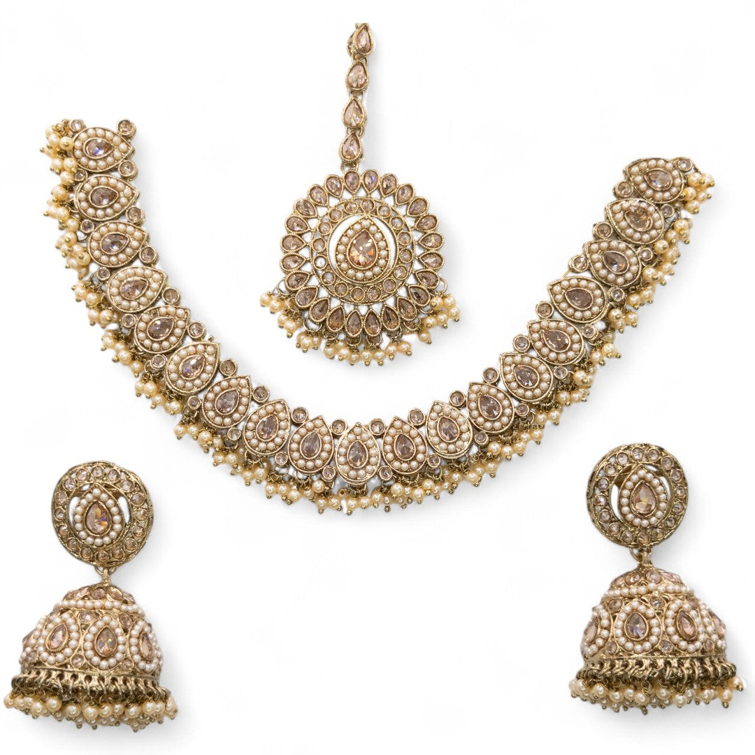 Polki Halskette mit Ohrringe & Tikka - gold