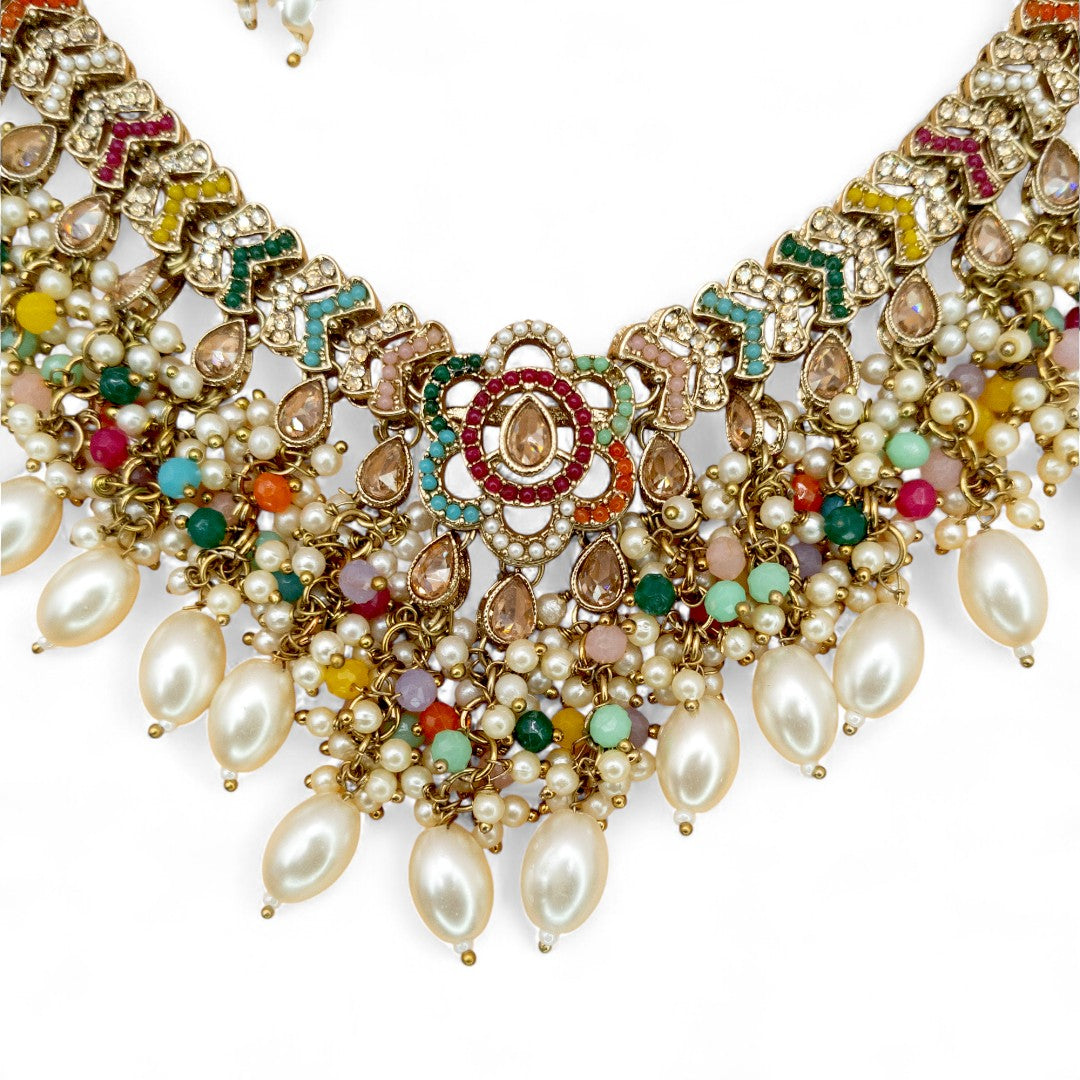 Polki Halskette mit Ohrringe & Tikka - gold | Multi Color