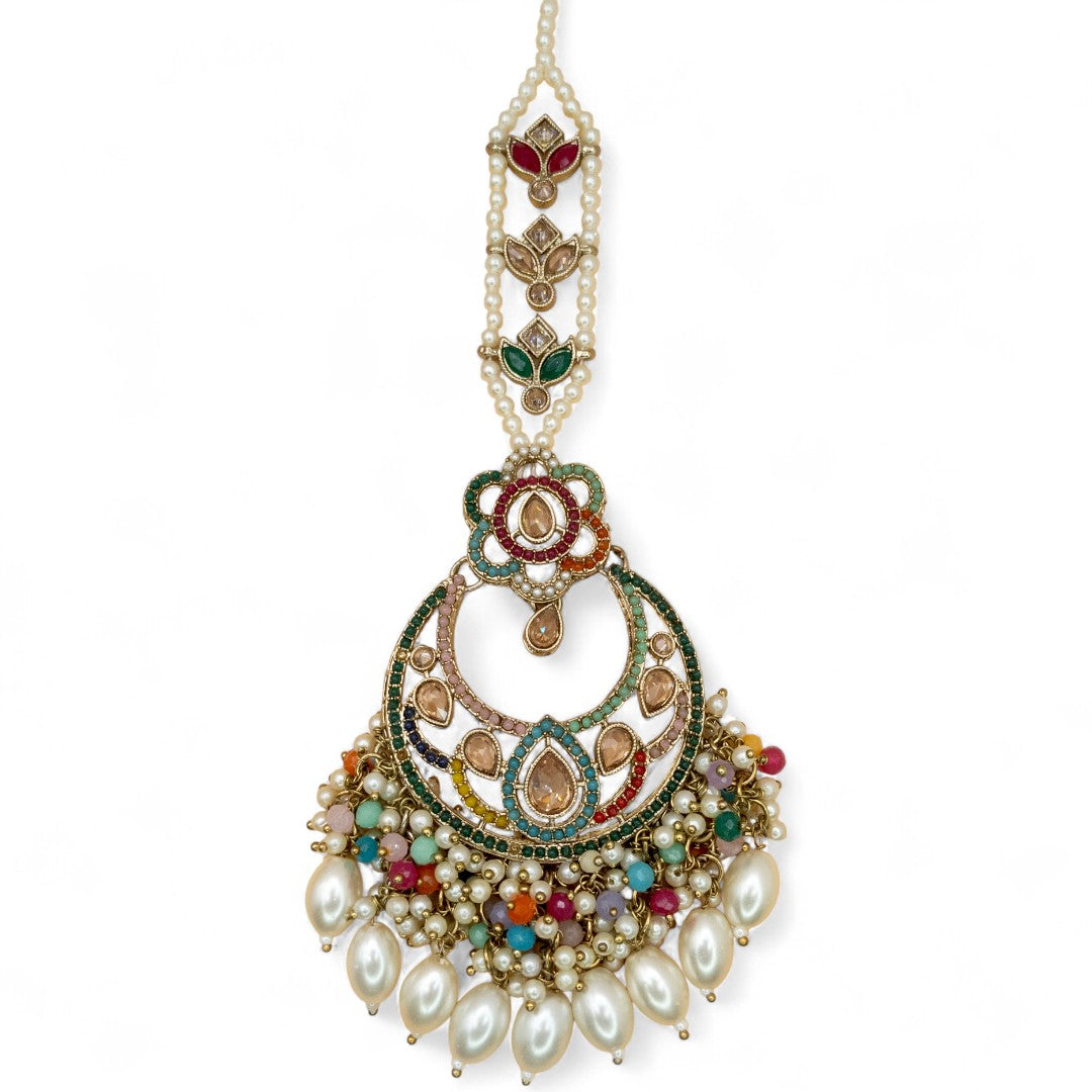 Polki Halskette mit Ohrringe & Tikka - gold | Multi Color