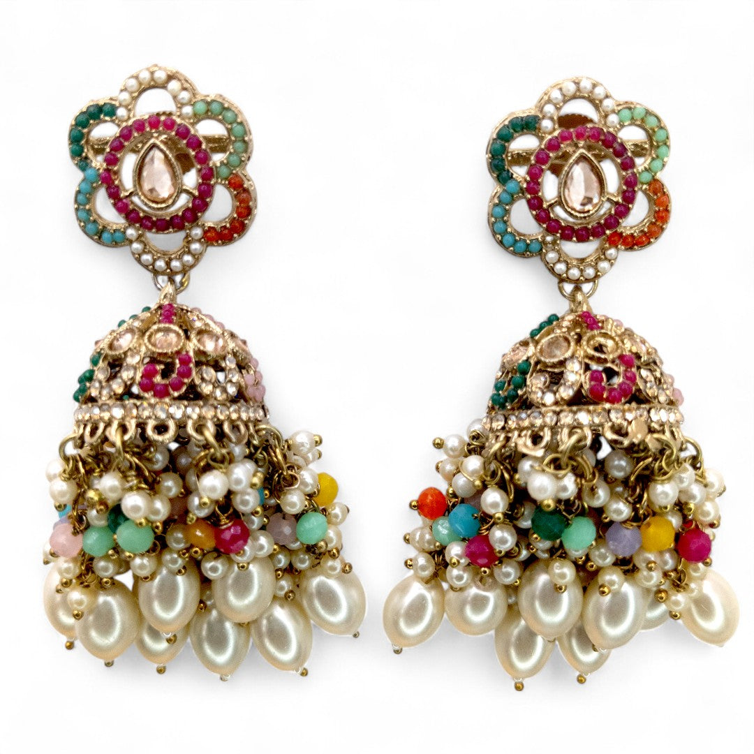 Polki Halskette mit Ohrringe & Tikka - gold | Multi Color