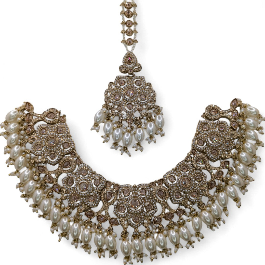 Polki Choker Halskette mit Ohrringe, Passa & Tikka - gold (Braut Schmuck)