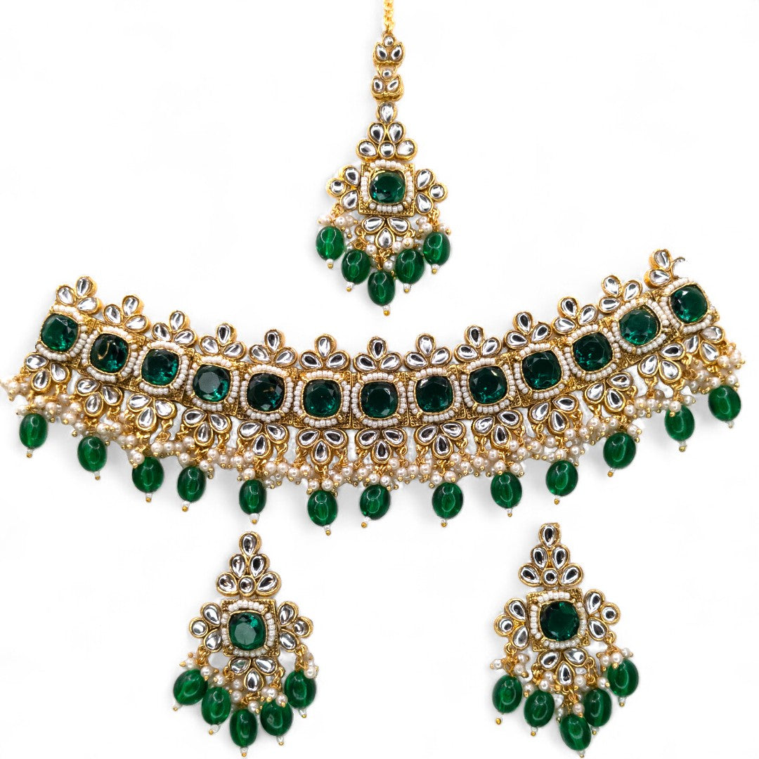 Polki Gold Choker Halskette | mit Ohrringe & Tikka | grün