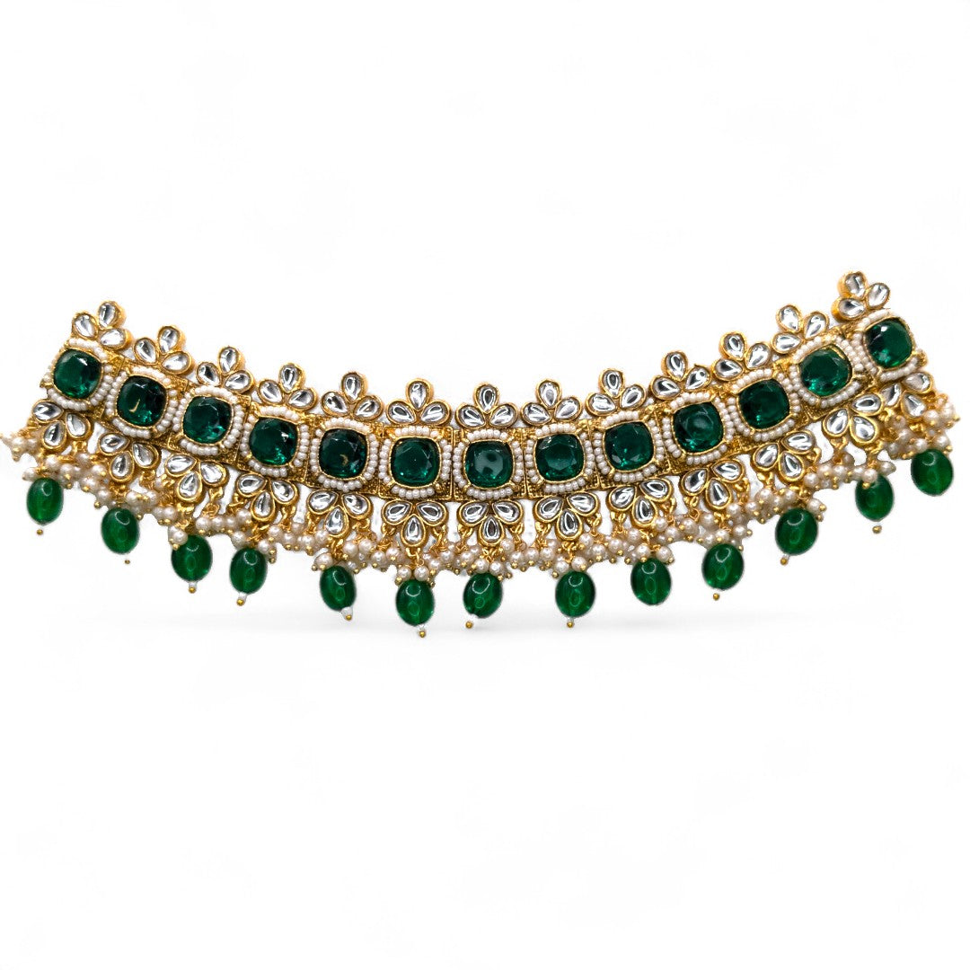 Polki Gold Choker Halskette | mit Ohrringe & Tikka | grün