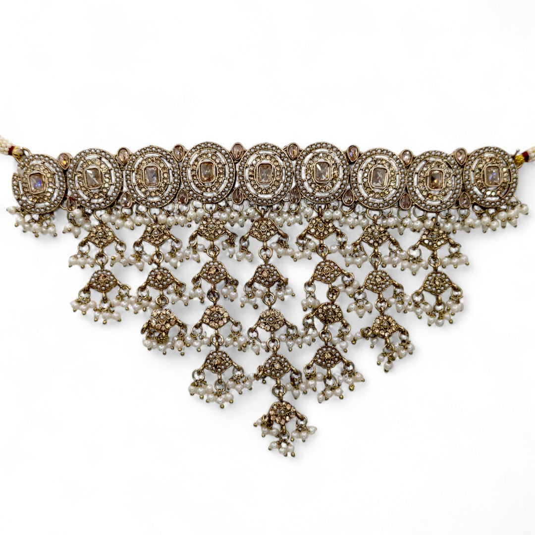 Polki Choker Halskette mit Ohrringe & Tikka | gold