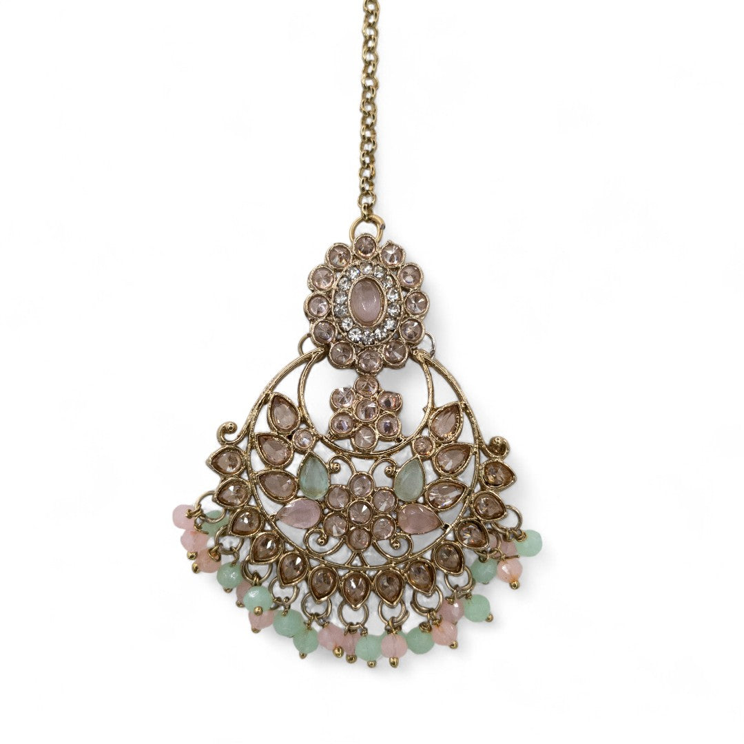Polki Choker Halskette mit Ohrringe & Tikka | gold | rosa, mint