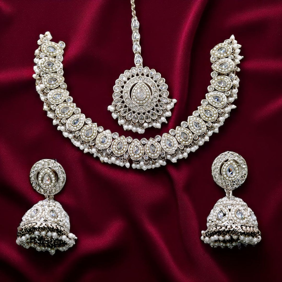 Polki Halskette mit Ohrringe & Tikka - silber