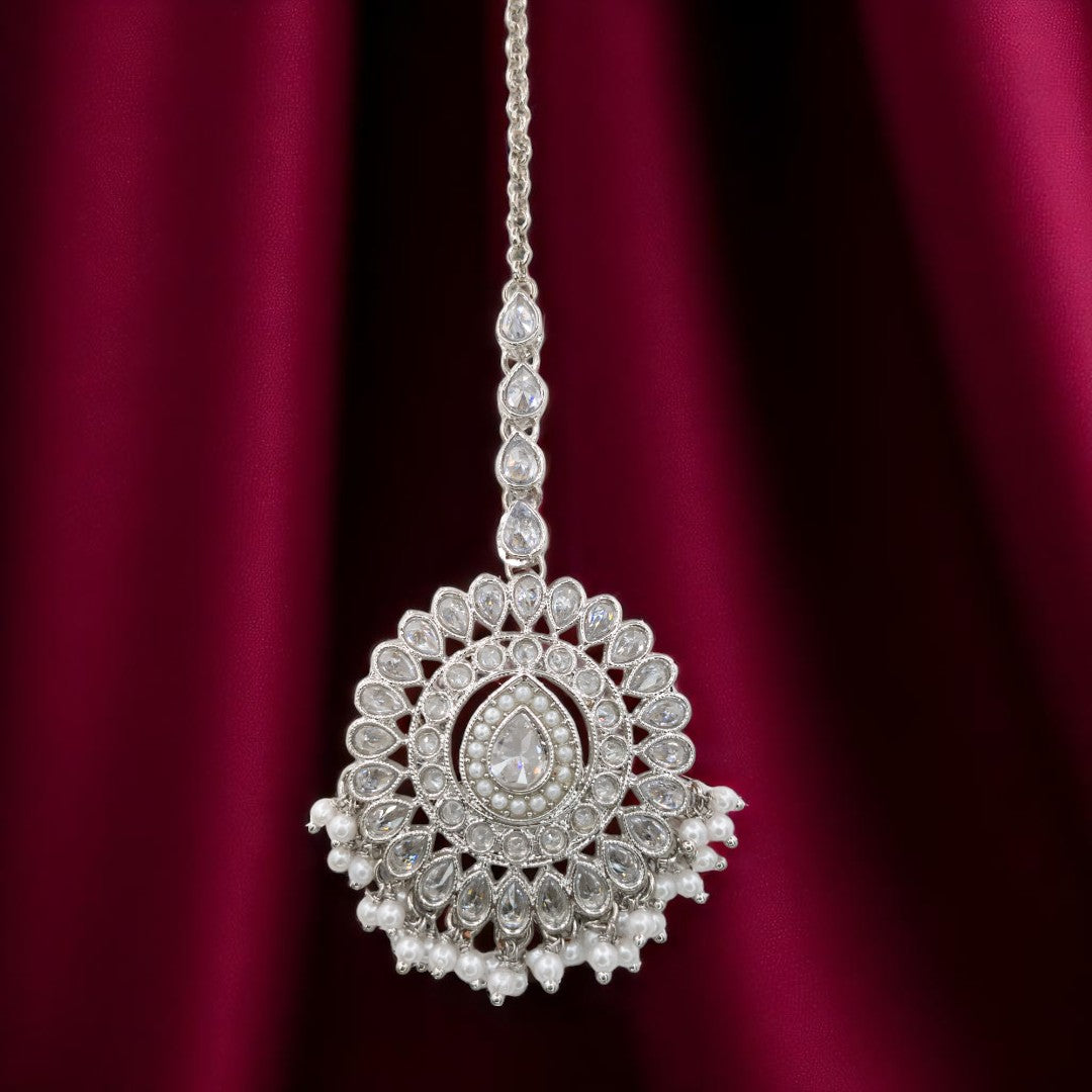 Polki Halskette mit Ohrringe & Tikka - silber