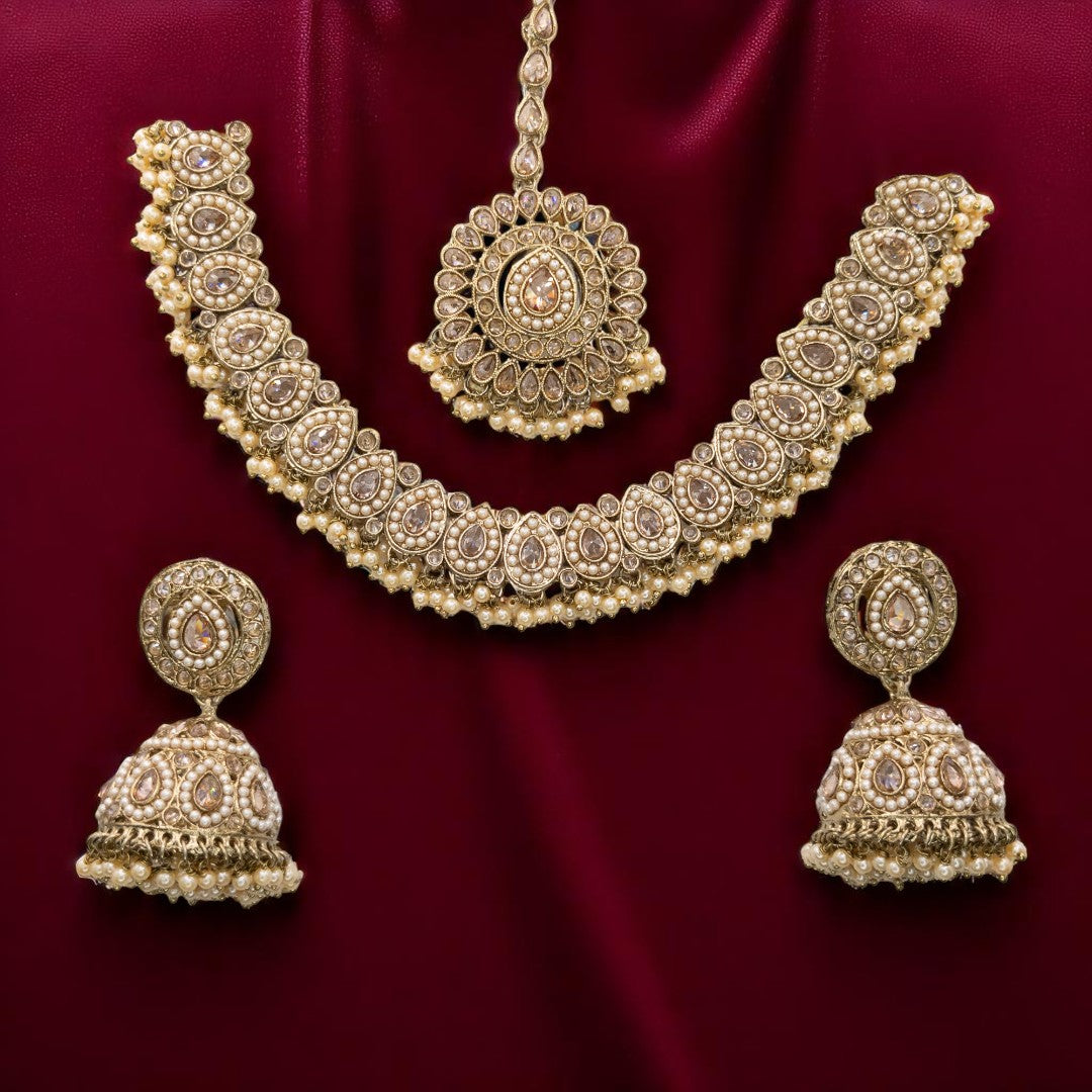 Polki Halskette mit Ohrringe & Tikka - gold