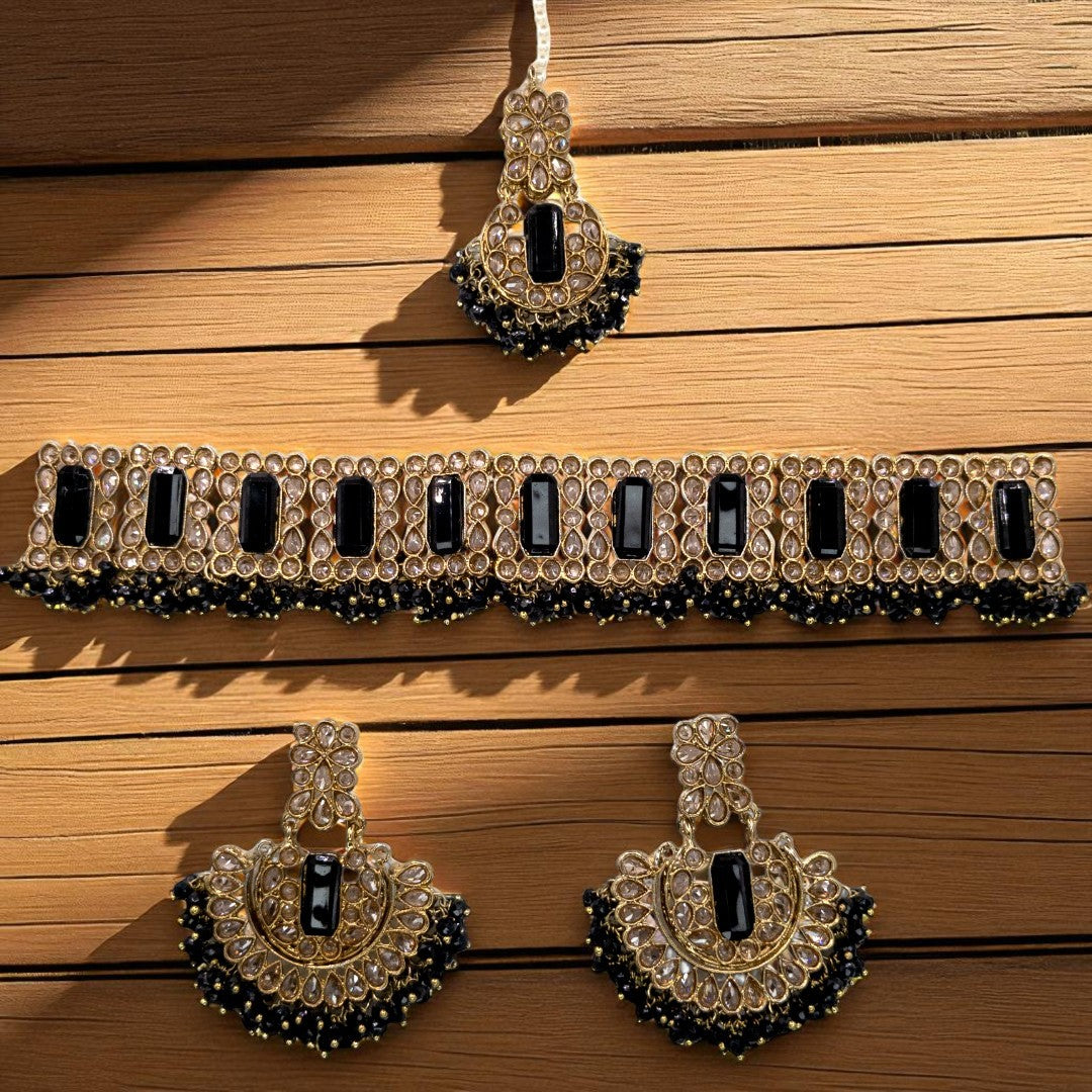 Polki Choker Halskette mit Ohrringe & Tikka - gold | schwarz