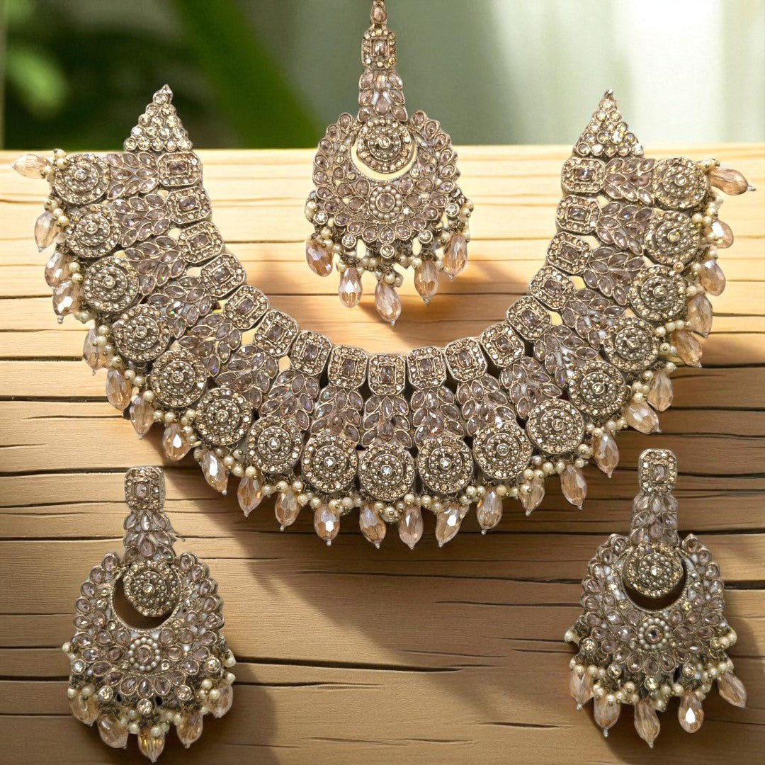 Polki Halskette mit Ohrringe & Tikka - gold | Braut