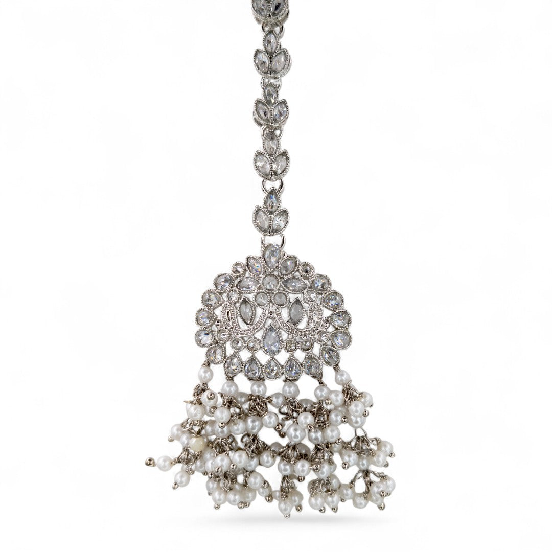 Polki Halskette mit Ohrringe & Tikka - Silber | grün | Braut