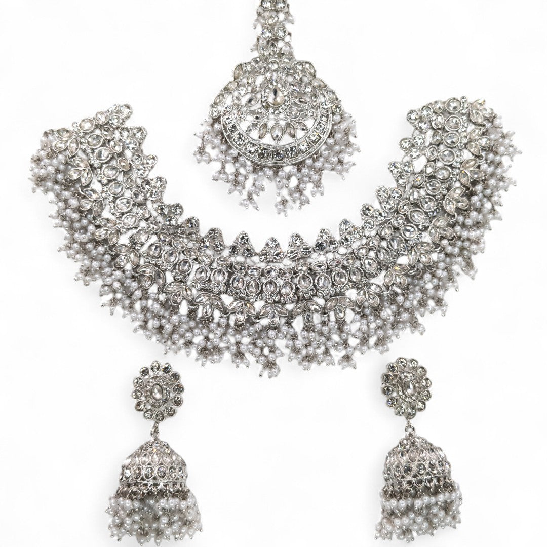 Polki Halskette mit Ohrringe & Tikka - Silber | Braut