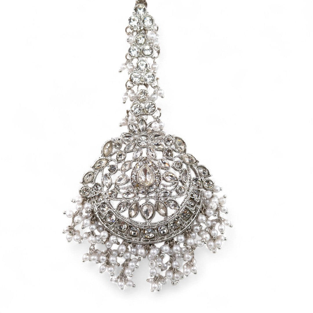 Polki Halskette mit Ohrringe & Tikka - Silber | Braut