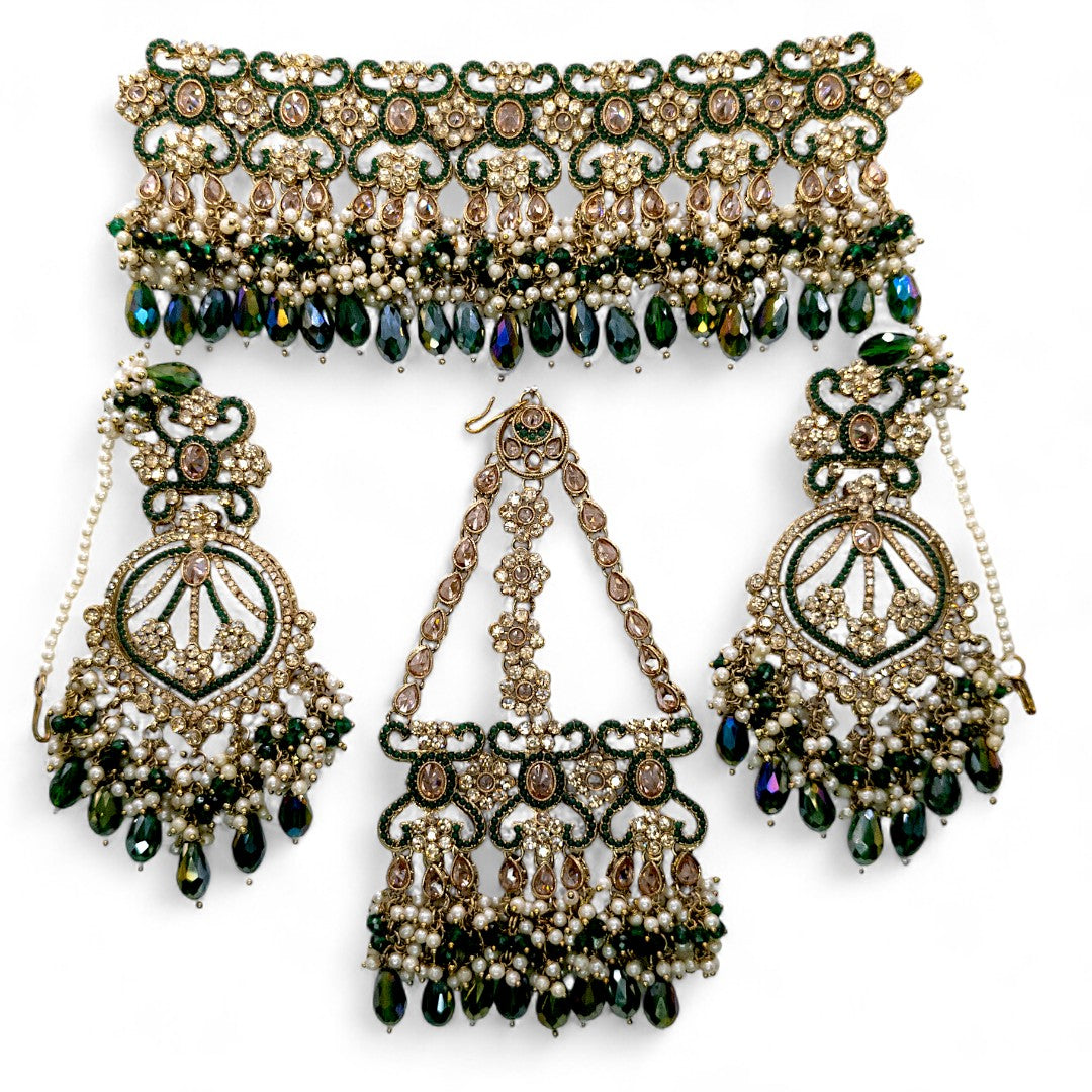 Polki Choker Halskette mit Ohrringe, Passa & Tikka - gold |grün