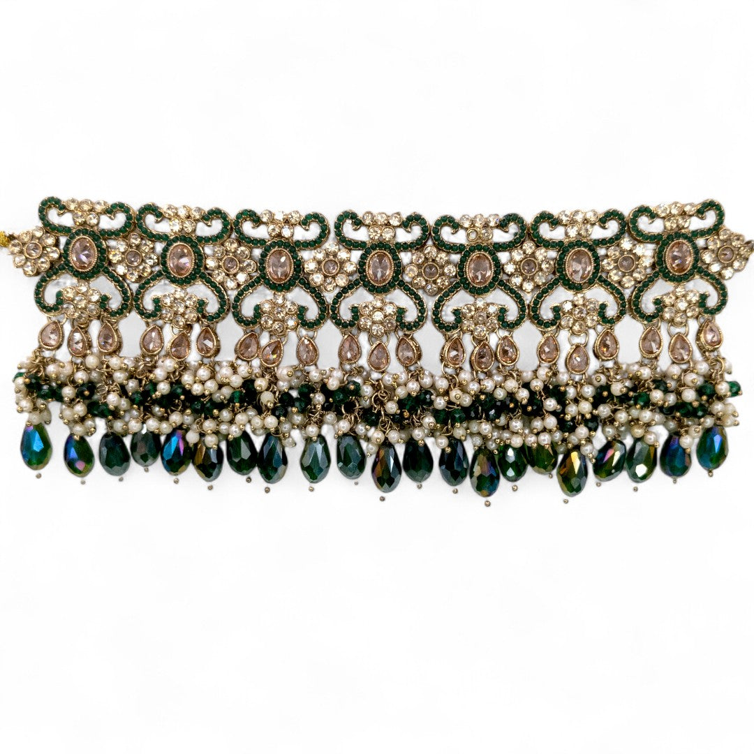 Polki Choker Halskette mit Ohrringe, Passa & Tikka - gold |grün