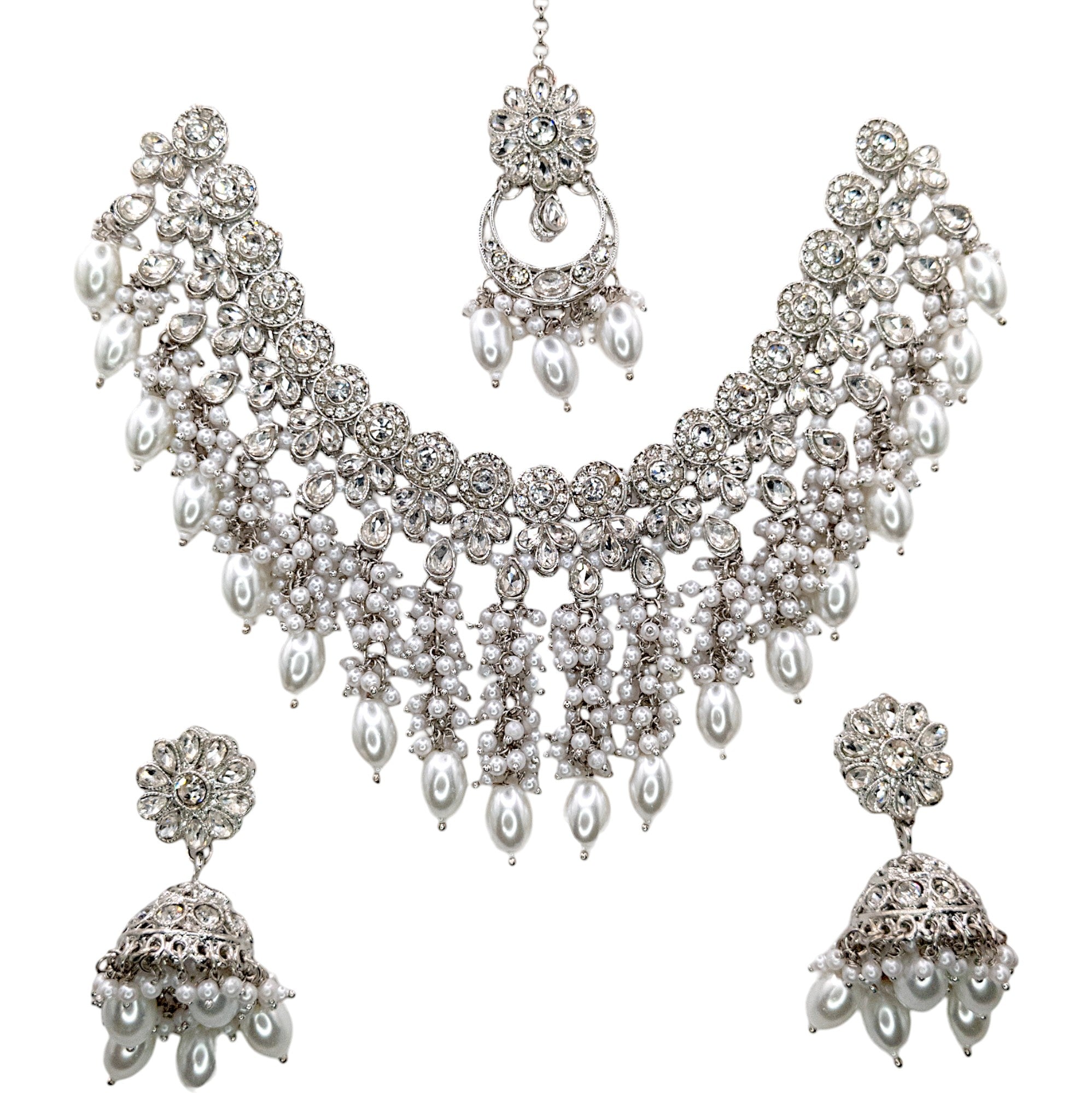 Polki Halskette mit Ohrringe & Tikka - silber