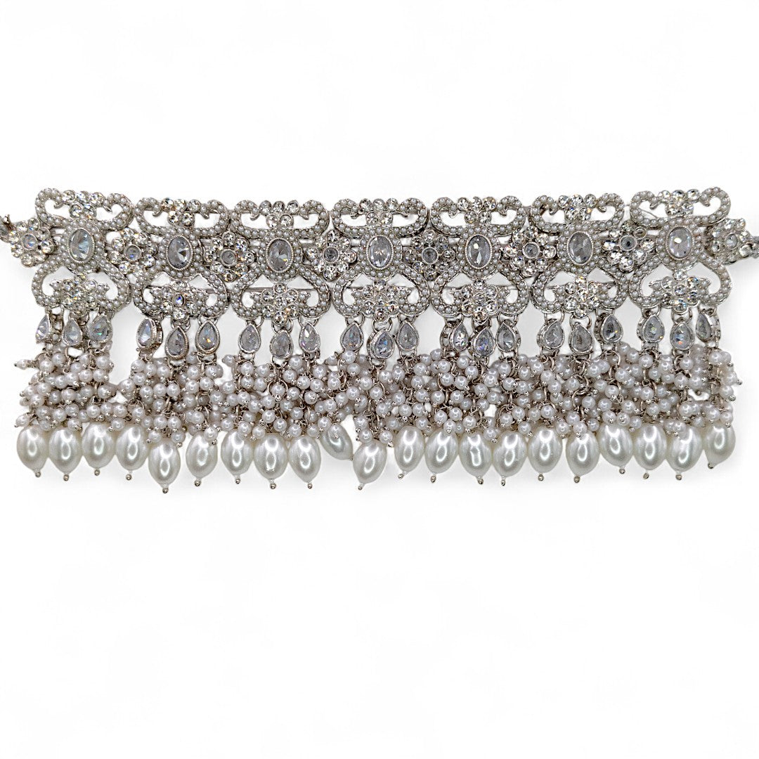 Polki Choker Halskette mit Ohrringe, Passa & Tikka - silber (Braut Schmuck)