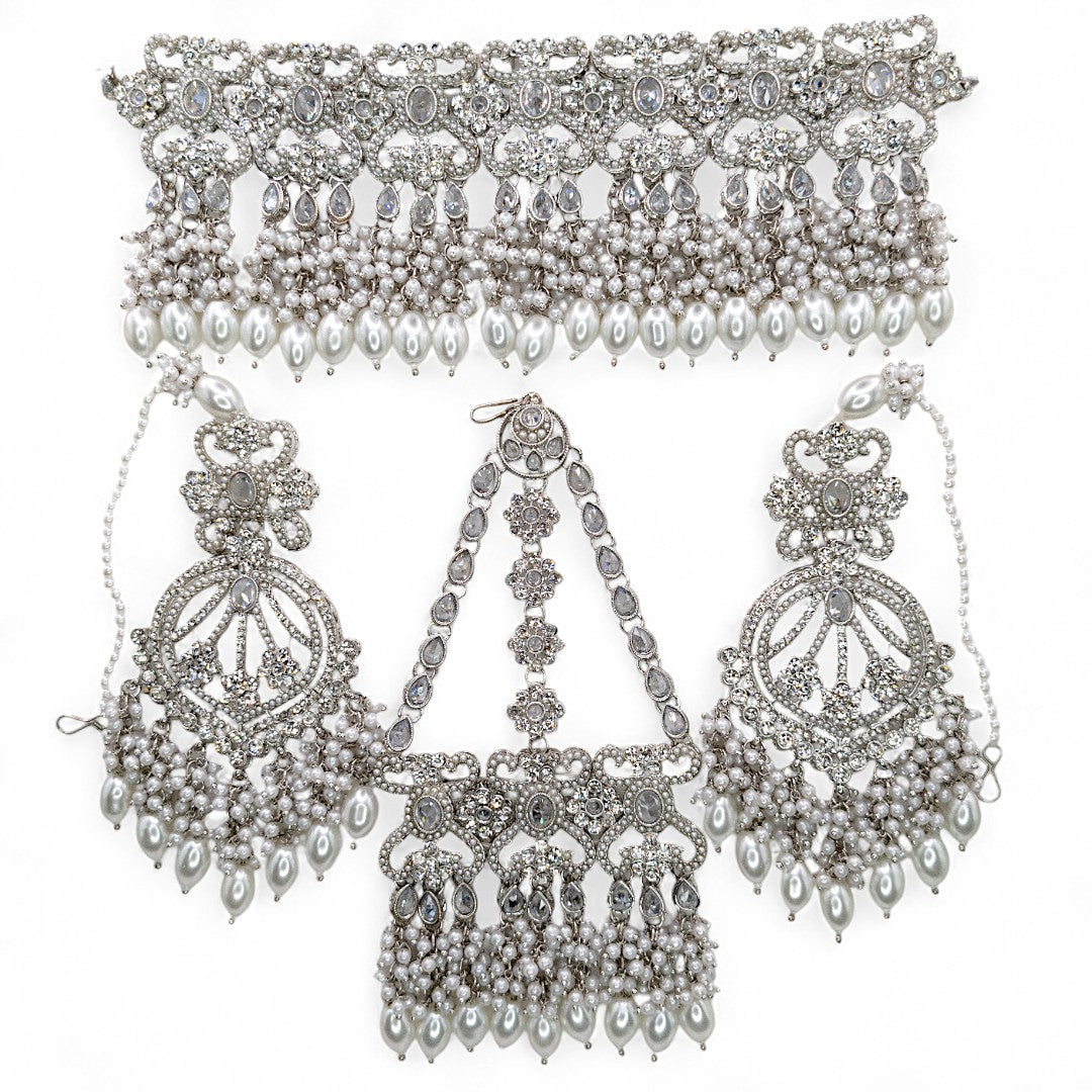 Polki Choker Halskette mit Ohrringe, Passa & Tikka - silber (Braut Schmuck)