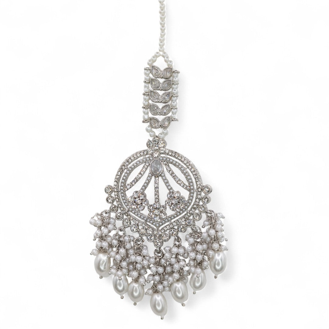 Polki Choker Halskette mit Ohrringe, Passa & Tikka - silber (Braut Schmuck)