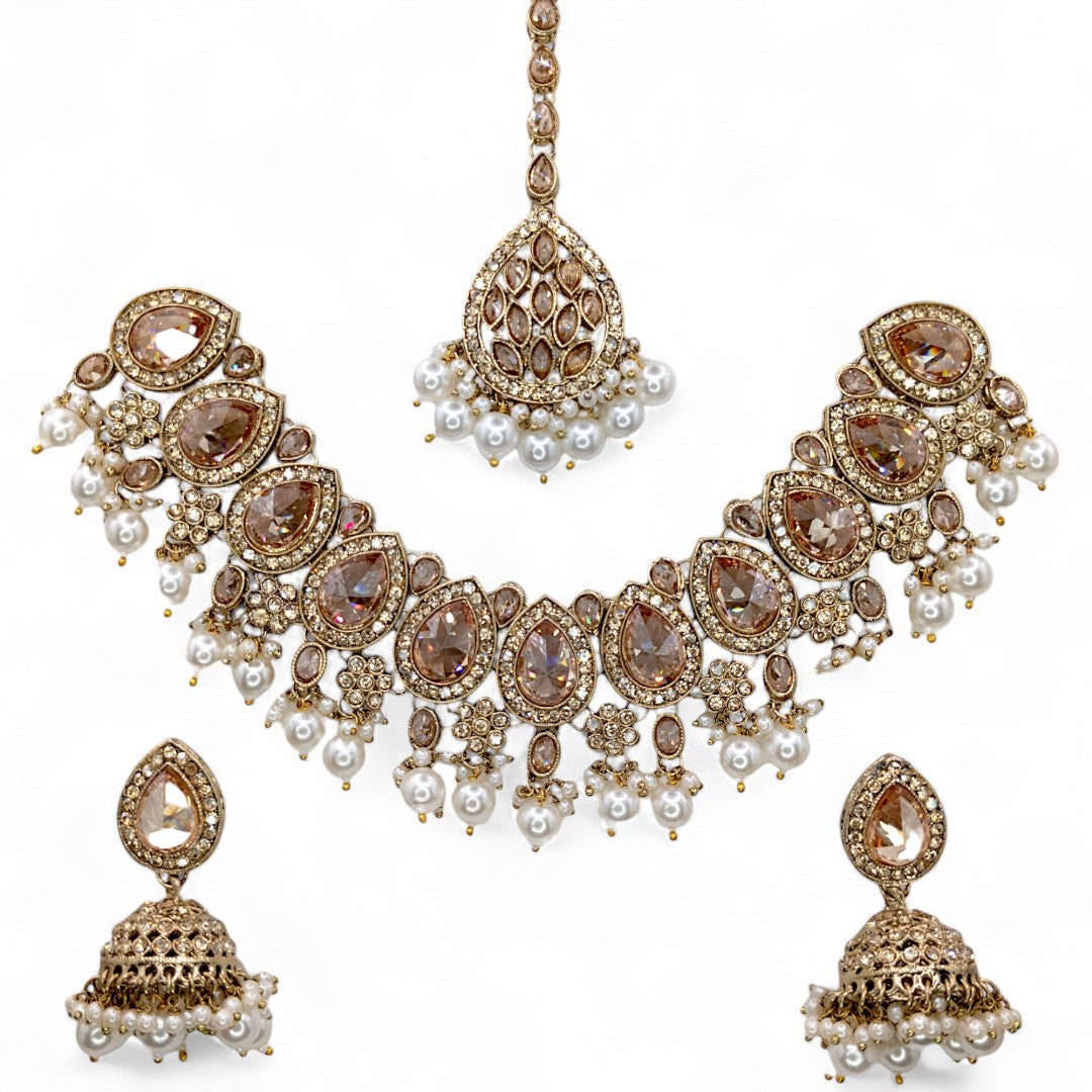 Polki Halskette mit Ohrringe & Tikka - gold