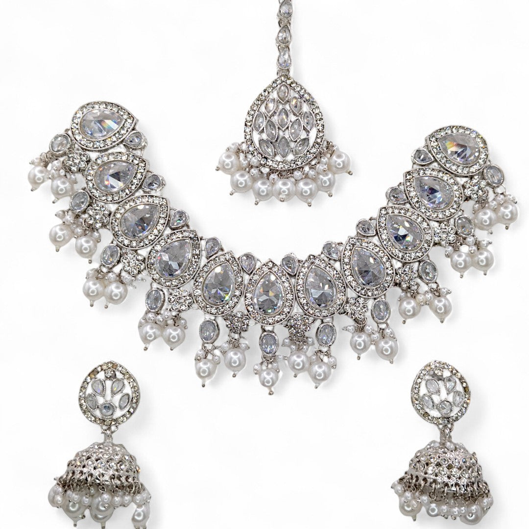 Polki Halskette mit Ohrringe & Tikka - silber