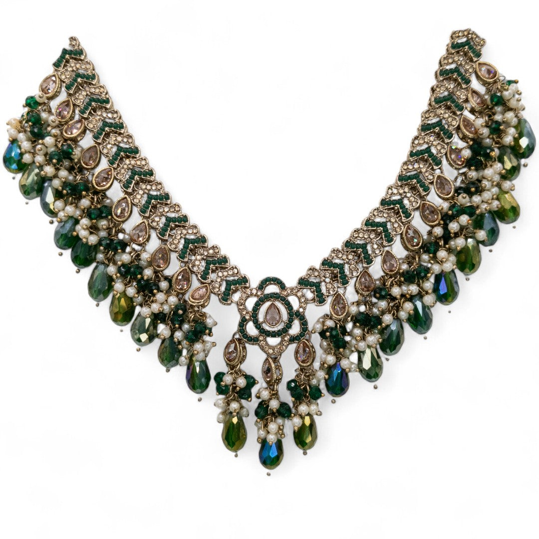 Polki Halskette mit Ohrringe & Tikka - gold | grün