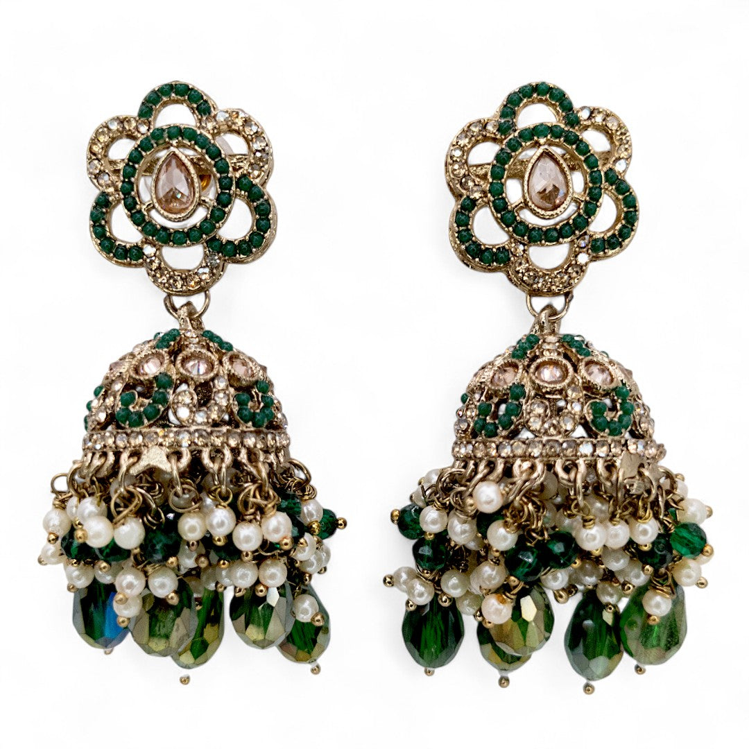 Polki Halskette mit Ohrringe & Tikka - gold | grün