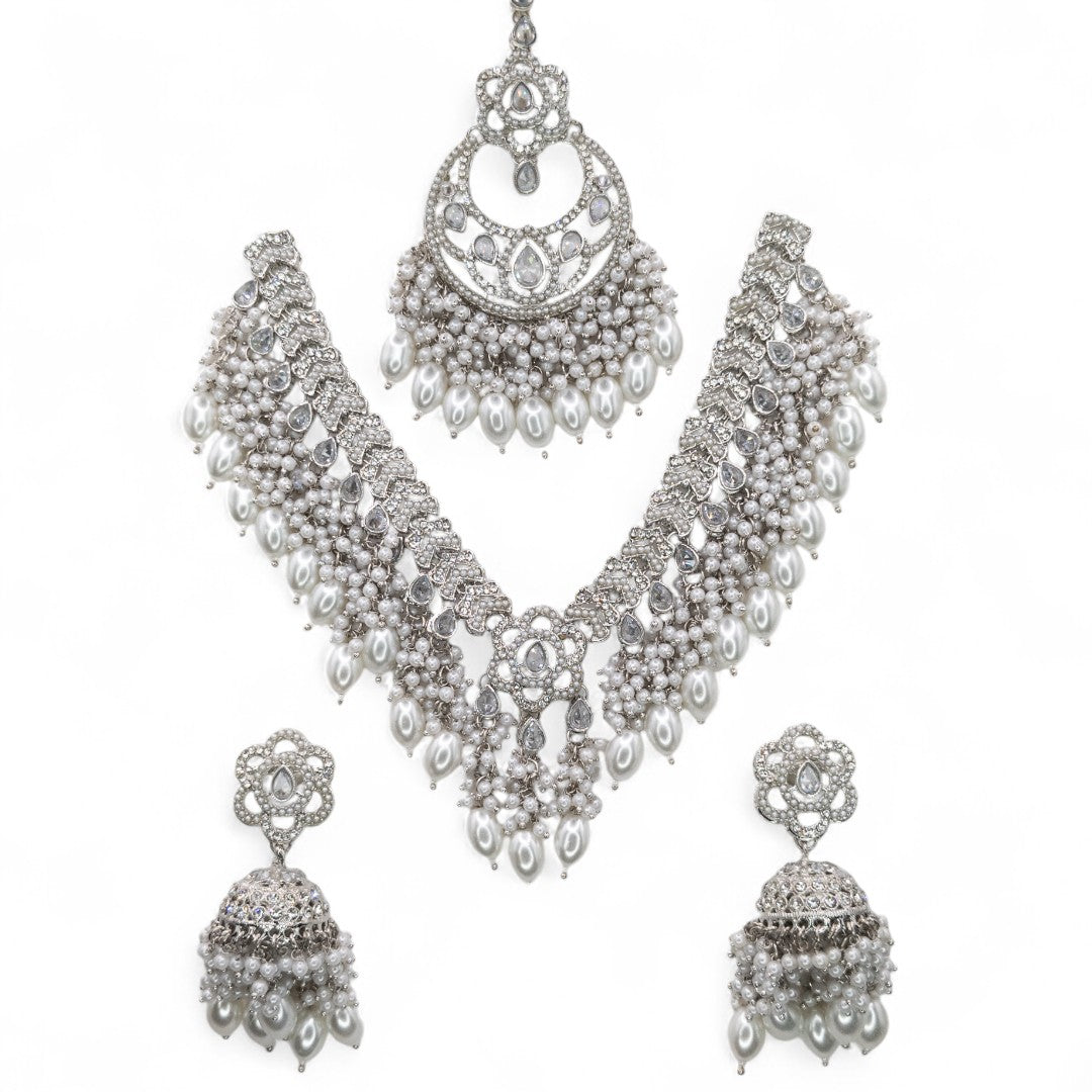 Polki Halskette mit Ohrringe & Tikka - silber
