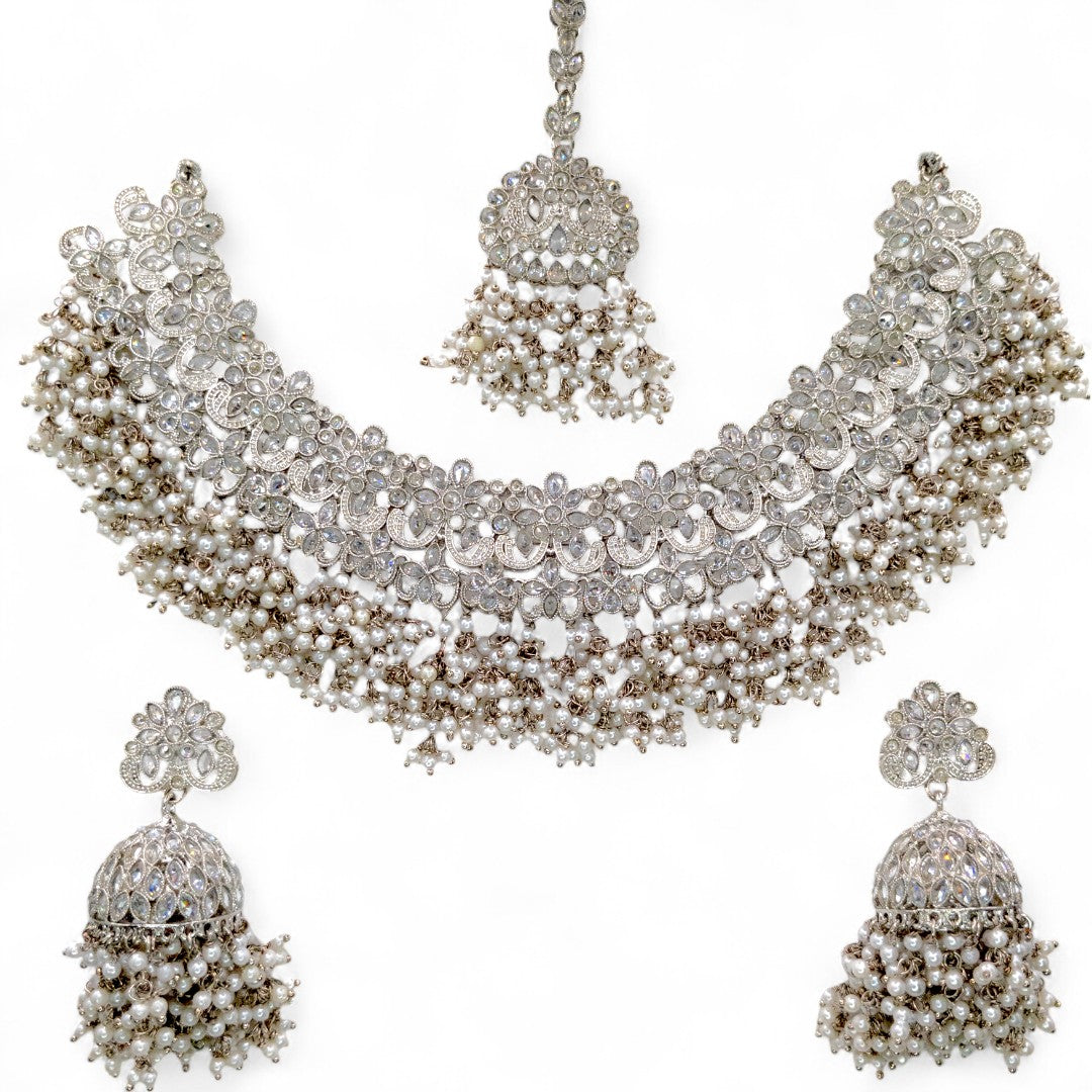 Polki Halskette mit Ohrringe & Tikka - Silber | grün | Braut