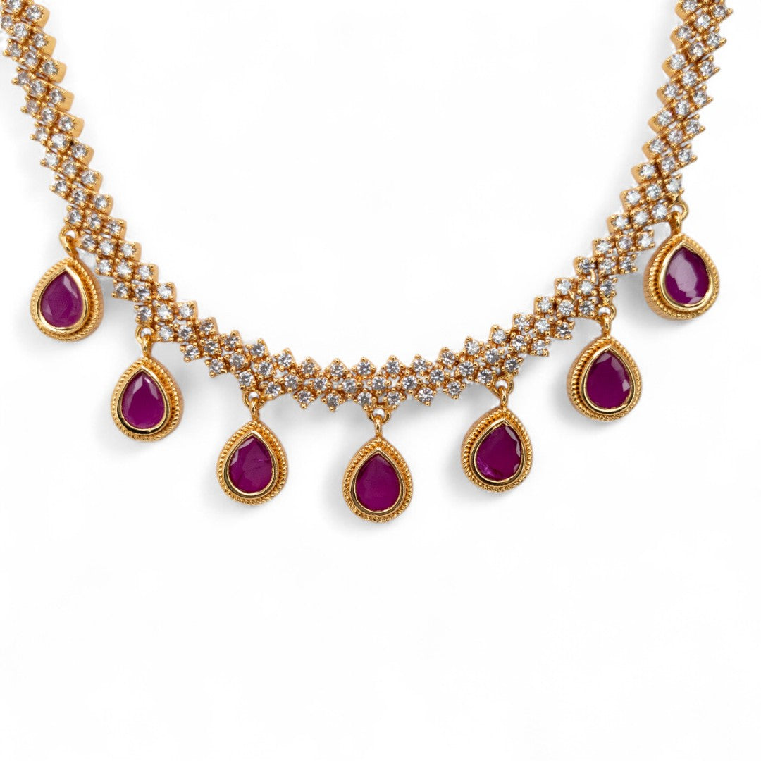 Trendy - Halskette mit Ohrringe - gold | magenta