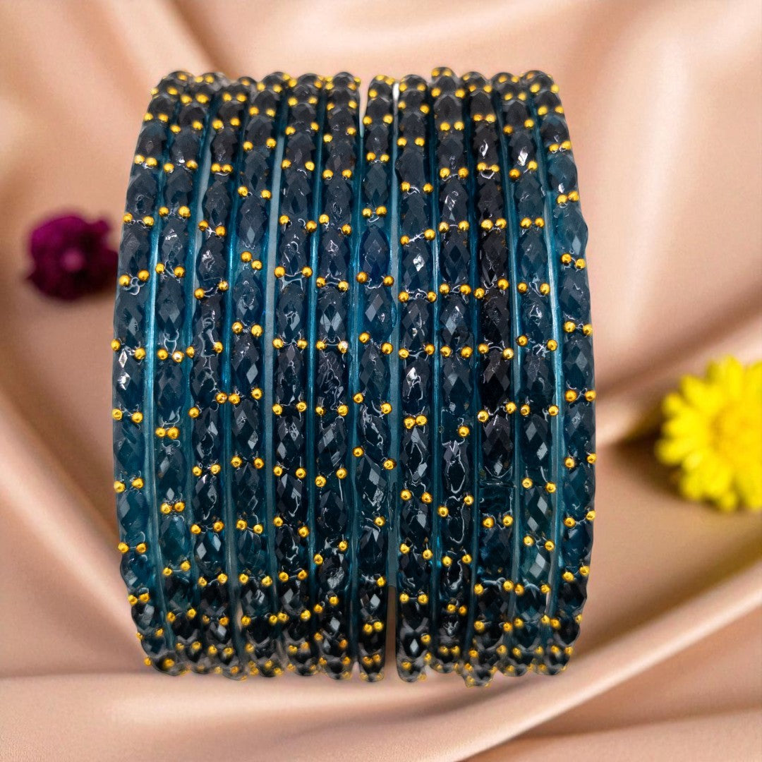 Rain Drop Glass Bangles – Set of 12 - Dark Blue