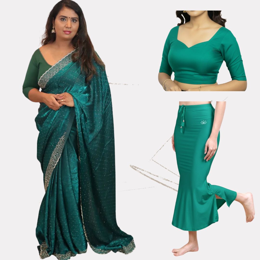 Alles-in-einem Saree Set |Grün – Space Silk Saree + Blouse + Shapewear