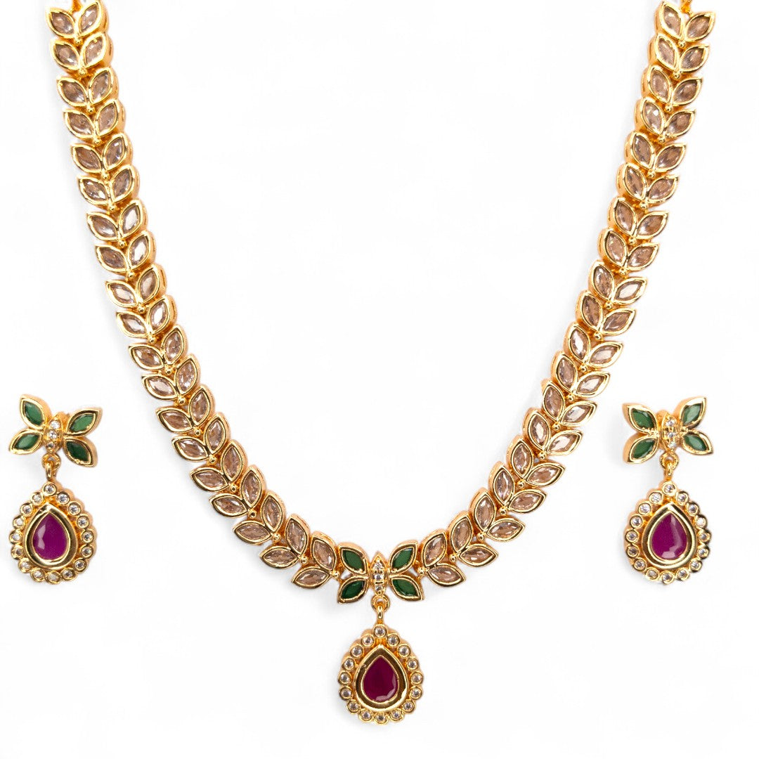 Trendy - Halskette mit Ohrringe - gold | weiß magenta
