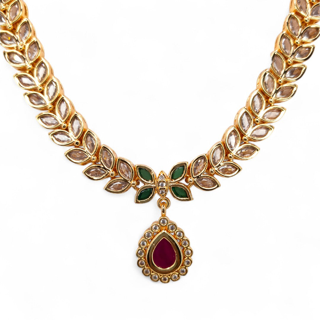 Trendy - Halskette mit Ohrringe - gold | weiß magenta