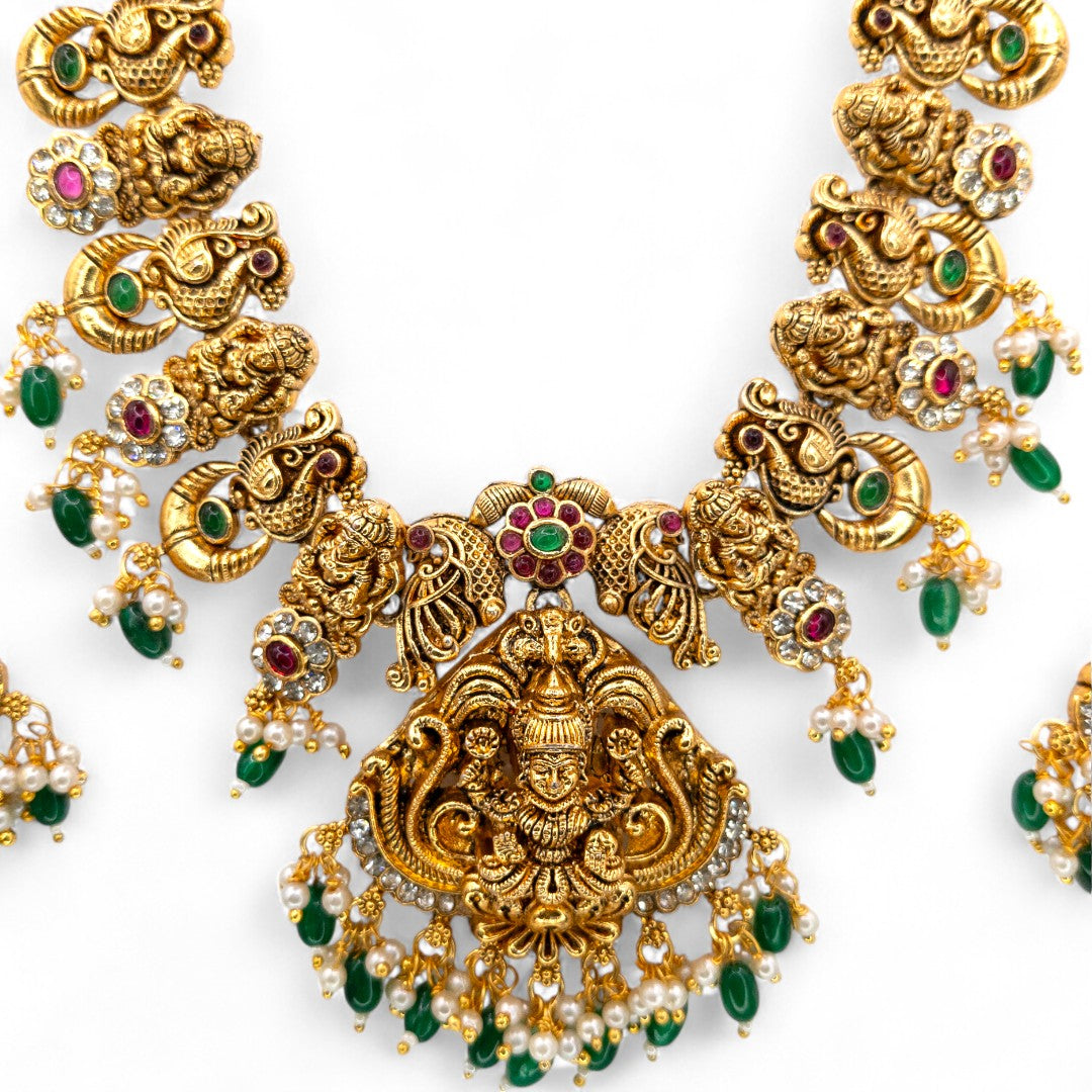 Tempel Halskette mit Ohrringe - gold | grün